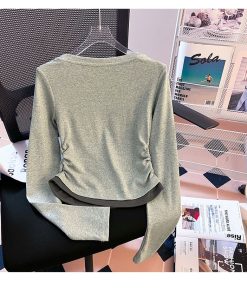 Alternative view of 2024 Women's Grey Fake Two Piece Autumn Long Sleeve Top