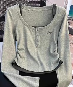 2024 Women's Grey Fake Two Piece Autumn Long Sleeve Top