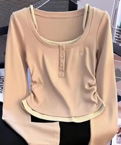 2024 Women's Pink Fake Two Piece Autumn Long Sleeve Top