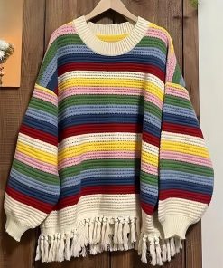 2024 Rainbow Stripe Long Sleeve Knitted Sweater