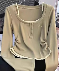 2024 Women's Khaki Colour Fake Two Piece Autumn Long Sleeve Top