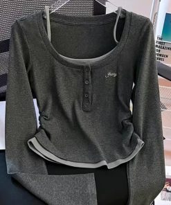 2024 Women's Dark Grey Fake Two Piece Autumn Long Sleeve Top